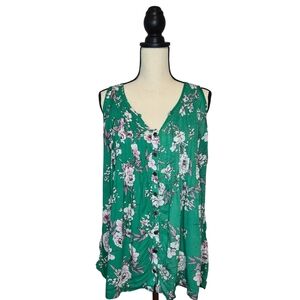 Torrid Top Green White Pink Floral Sleeveless Button Front Vneck Size  Torrid L